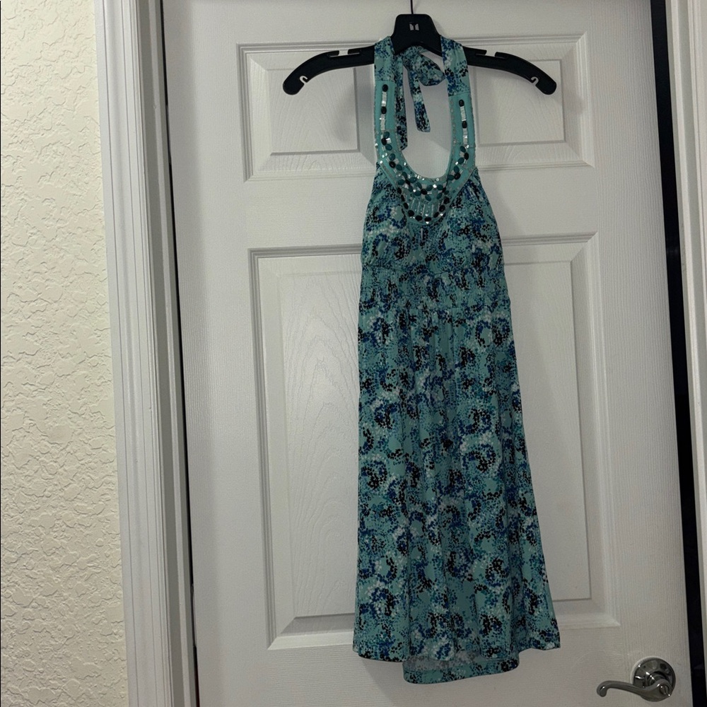 Candie's Y2K Blue and Black Patterned and Beaded Halter Dress